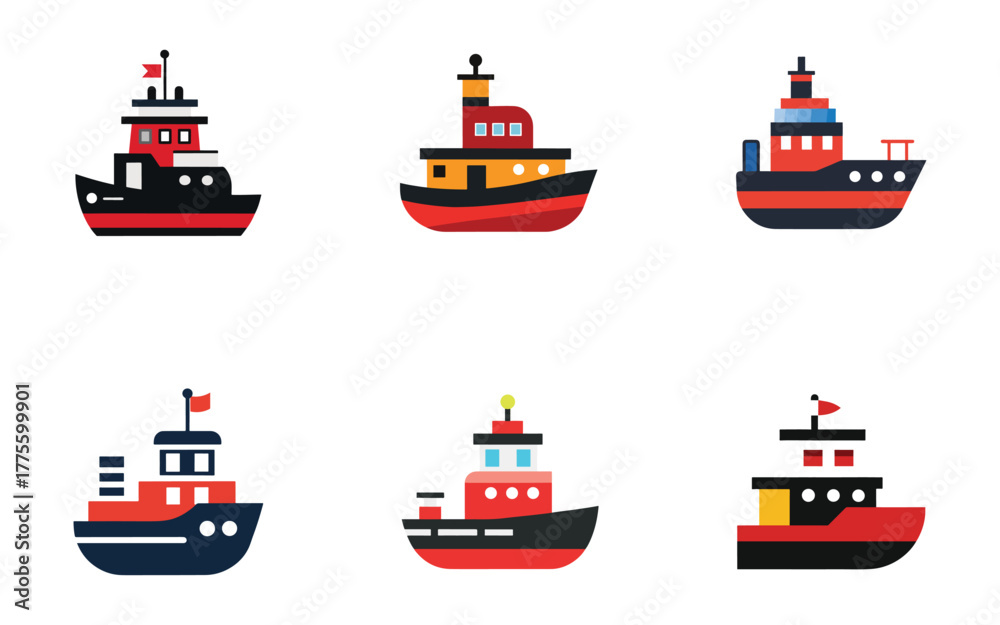 Obraz premium Colorful Vector Illustration of Various Tugboats on White Background for Maritime Theme Projects and Designs