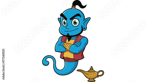 Blue cartoon genie with arms crossed