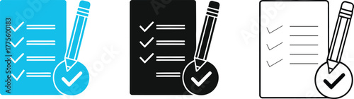 Checklist with pen and checkmarks in blue black and outline styles for task completion and organization