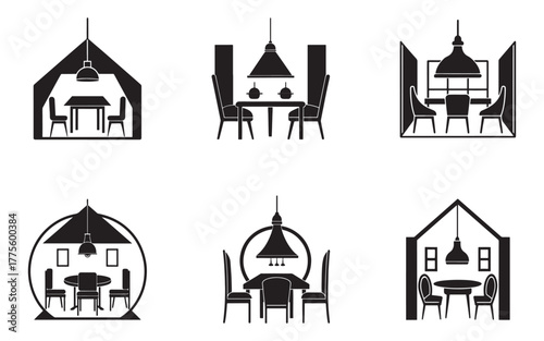 Dining Room Interior Design Icons Collection Black and White Silhouette Illustration for Interior Designers and Home Decor Enthusiasts