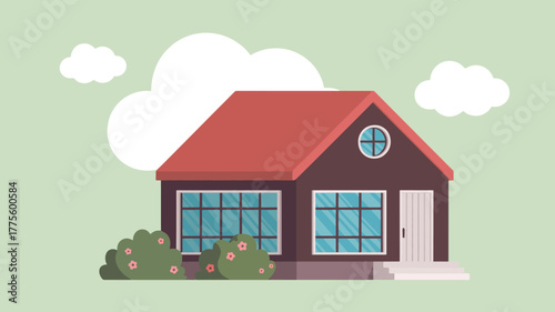 A charming brown house with a red roof and green bushes