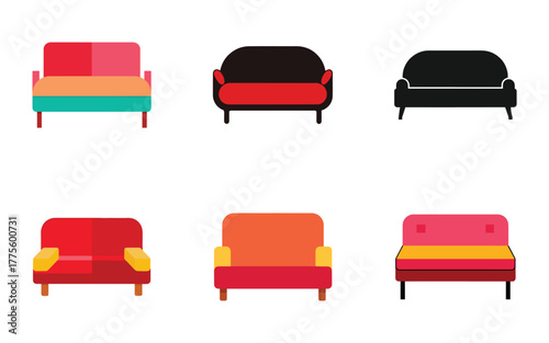 Diverse sofa set in flat vector style showcases modern furniture options and colorful design elements for interior decoration projects