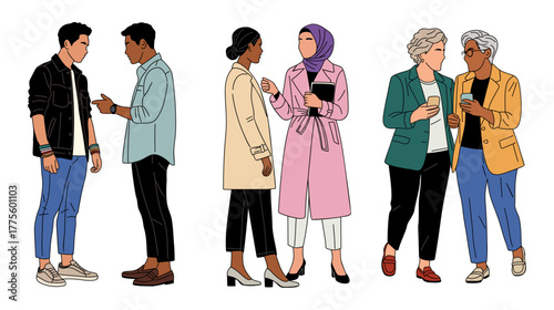 Diverse people talking and interacting in pairs, modern flat design, professional and casual outfits, communication and teamwork concept. Vector illustration isolated on transparent background.