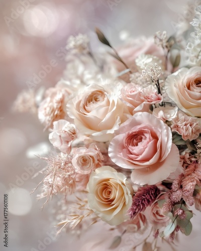 Close-up bouquet of roses and decorative plants with soft light, elegant detailed and romantic with space for text.