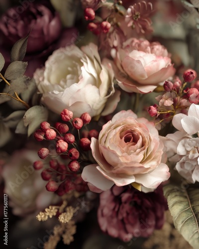 Close-up bouquet of roses and decorative plants with soft light, elegant detailed and romantic with space for text.