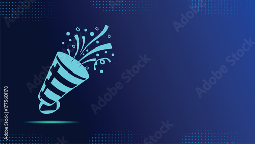 Festive Celebration: Neon Confetti Exploding from Party Popper on Dynamic Blue Background for Birthdays, Anniversaries, New Year's Eve, and Special Occasions