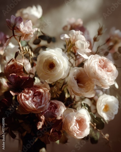 Close-up bouquet of roses and decorative plants with soft light, elegant detailed and romantic with space for text.