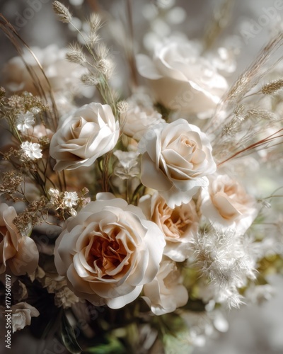 Close-up bouquet of roses and decorative plants with soft light, elegant detailed and romantic with space for text.