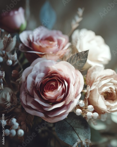 Close-up bouquet of roses and decorative plants with soft light, elegant detailed and romantic with space for text.