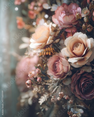 Close-up bouquet of roses and decorative plants with soft light, elegant detailed and romantic with space for text.