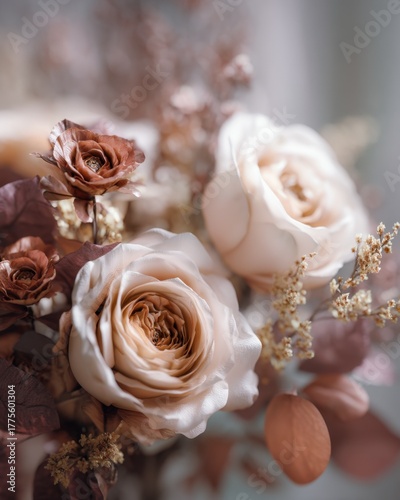 Close-up bouquet of roses and decorative plants with soft light, elegant detailed and romantic with space for text.