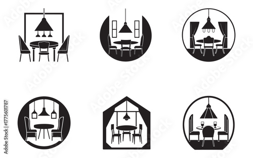 Elegant Dining Room Interior Designs Black and White Vector Set Modern Furniture and Lighting Fixtures Creative Interior Design Templates