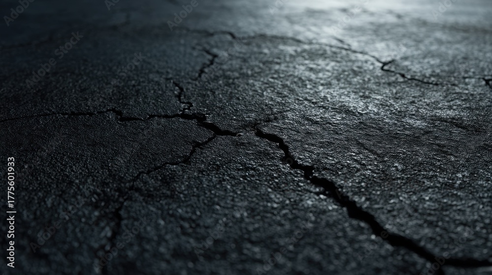 Obraz premium A black asphalt surface with visible texture, cracks, and fine details, photorealistic and cinematic.