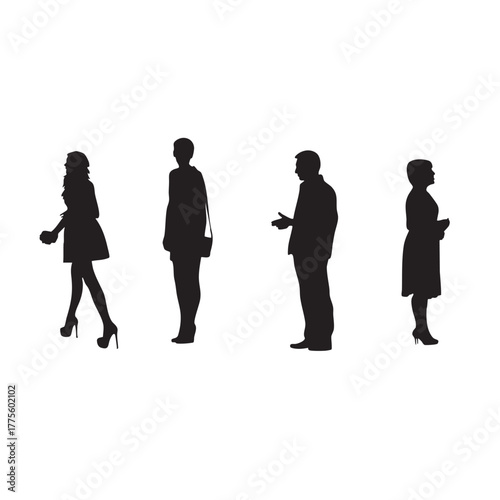 Silhouettes of four people standing in a line, representing a queue or waiting for something, with diverse gender representation