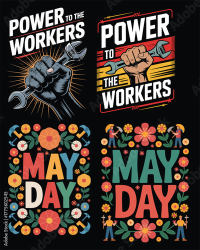 May day labor day celebratory design featuring hands wielding wrenches and floral embellishments