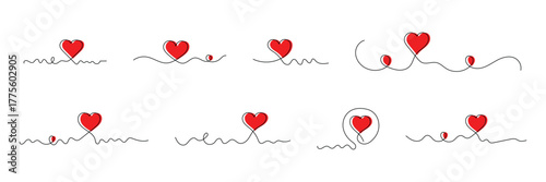 Red heart in one line art style. Heart hand drawn. Heart continuous line drawing. Set of contour heart for love design. Vector illustration. EPS 10