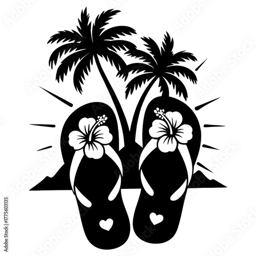 Tropical beach scene with flip flops and palm trees