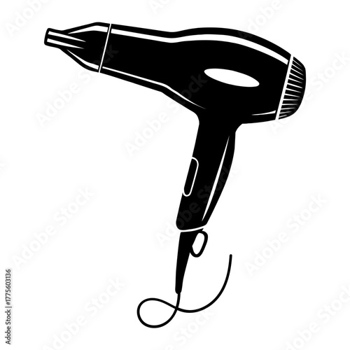 Black silhouette of a handheld hair dryer with a cord