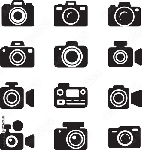 Collection of black camera and camcorder icons on white background video camera photography