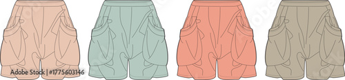 Stylish summer shorts fashion illustration, featuring various color options for women's apparel design