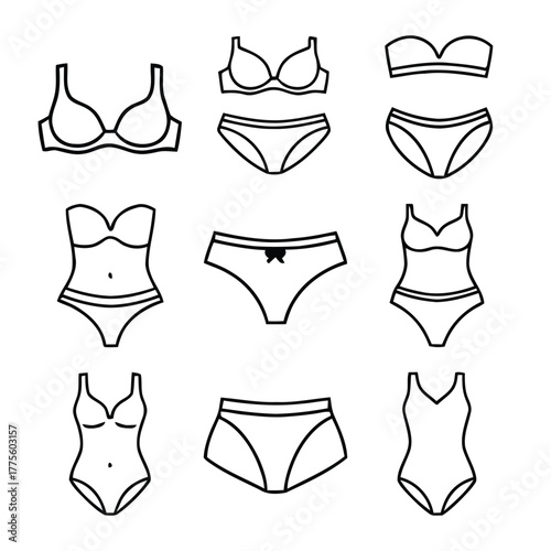 Collection of stylized lingerie and swimwear line art icons
