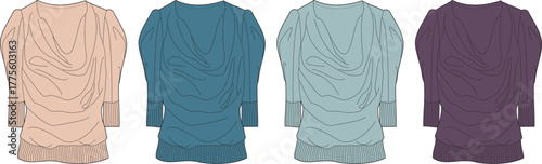 Fashion illustration featuring a collection of elegant women's long-sleeve cowl neck blouses in a spectrum of sophisticated color variations, ideal for clothing design and textile projects