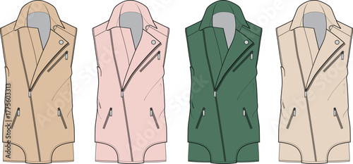 Collection of four technical fashion flat drawings showcasing sleeveless biker jacket designs for men or women, illustrating various color options and design details for apparel concept development