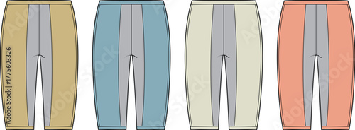 Fashion design flat sketch template of sporty track pants in multiple color variations, embodying the concept of modern athletic apparel