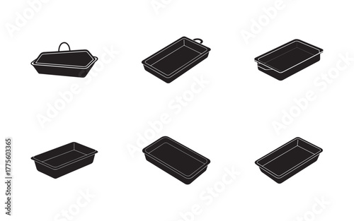 Isometric View of Various Black Food Storage Containers and Baking Dishes for Culinary and Kitchen Needs