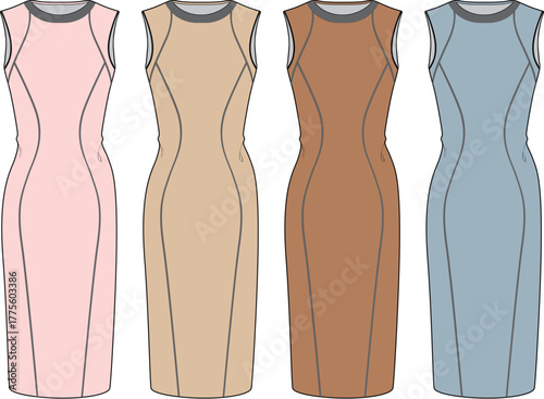 Vector flats of four women's sleeveless midi dresses. Form-fitting silhouettes, tailored side panels in pink, beige, brown, blue, fashion design