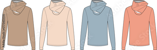 Men's hooded long sleeve shirt fashion flat technical drawing set. Apparel vector illustration template in multiple colors for clothing design