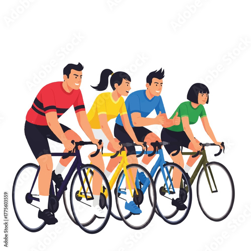 Group of diverse cyclists riding bicycles together, symbolizing teamwork and recreational cycling activities