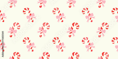 Whimsical pink bow candy cane pattern on cream background for holiday decorations