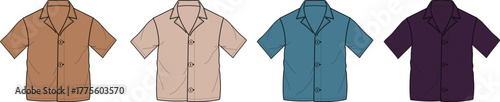 A variety of short-sleeved button-up shirts displayed in different colors, showcasing casual wear options