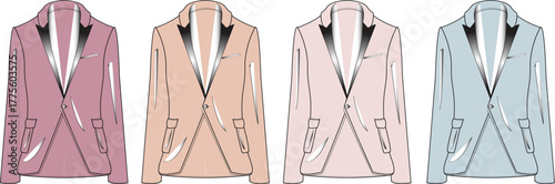 Set of men's elegant tuxedo jackets in pastel colors. Vector fashion illustration of formal blazers with satin lapels for design