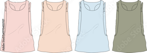 Collection of women's sleeveless tank top technical flat sketches with pockets, showcasing a versatile apparel design concept in four color variations