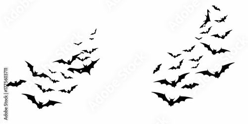 A swarm of black bats flying in formation against a white background