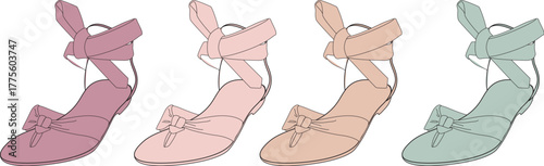 Collection of Ballet Flats in a Variety of Soft Pastel Colors with Ribbon Ties