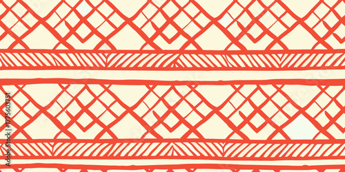 Hand drawn geometric pattern with diamond shapes and stripes in red and cream colors
