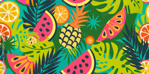 Vibrant tropical fruit and foliage pattern with watermelon pineapple and citrus slices