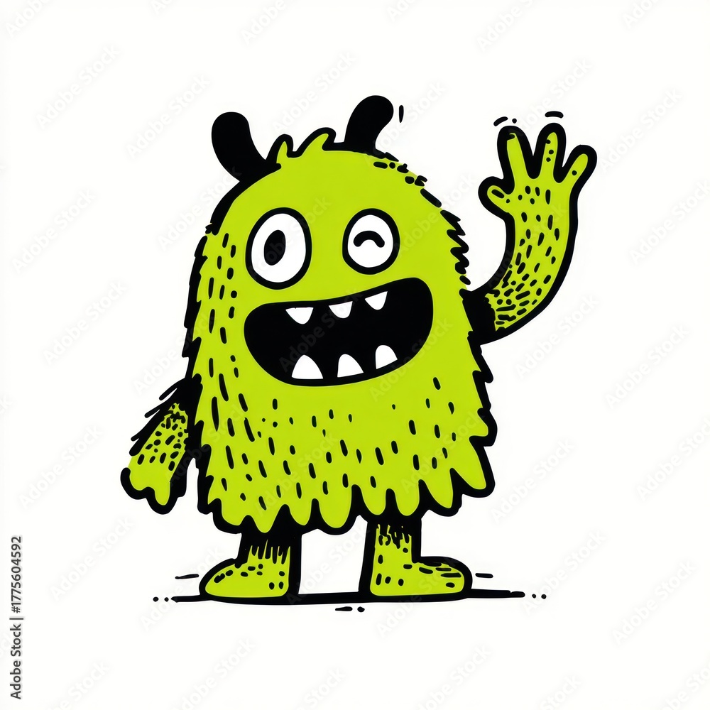 Fototapeta premium Cute green monster waving with transparent background