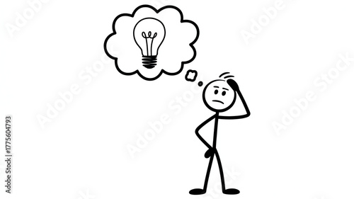 Stick figure thinking with a light bulb idea isolated on white background