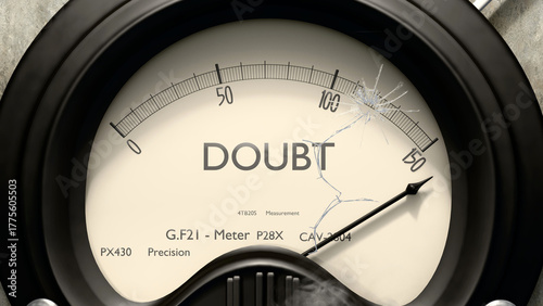 Doubt meter showing high levels of doubt. Dangerously increasing values of doubt, critical overload. Too much, off the charts. Max doubt ,3d illustration