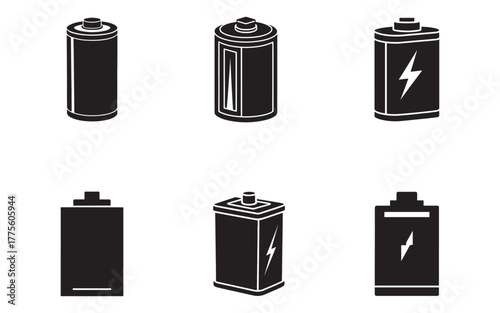Set of Black and White Battery Icons Depicting Various Power Levels and Battery Types for Energy Storage and Electric Devices