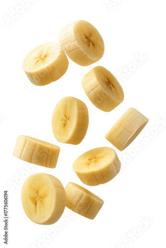 Flying fruit collection: Fresh falling cherries and banana slices levitation, isolated on transparent background