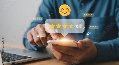 Customer reviewing a product or service on a smartphone with star ratings and emojis