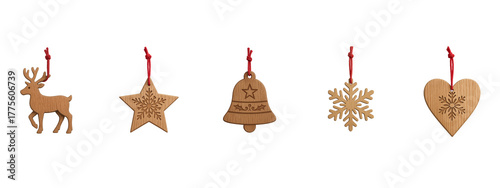 Handcrafted wooden ornaments — natural holiday decorations in reindeer, star, bell, and snowflake shapes with red cords