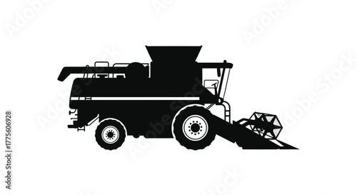 Black and white silhouette of a modern agricultural combine harvester machine