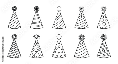 Various doodle style party hats arranged in neat rows black and white