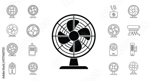 Collection of black and white line art icons showing various fans and air cooling